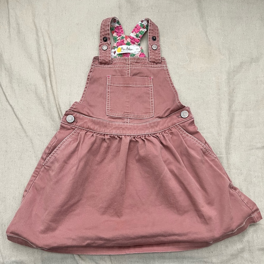 Mini Boden pink denim overall dress, 3-4Y
